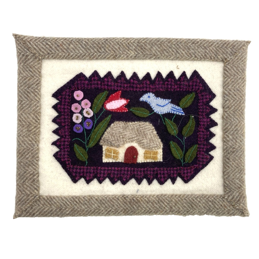 Handmade Wool‎ Fabric Appliqué Sewn Wall Hanging Artist Signed Texas Mouse House